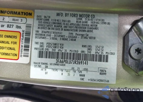 2018 Ford Fusion Hybrid Se z USA, uszkodzony, nr VIN 3FA6P0LU7JR269141